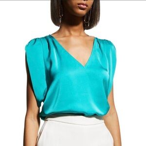 NWT Ramy Brook Devin V-Neck Satin Top Blouse in Oasis Size Medium MSRP $275